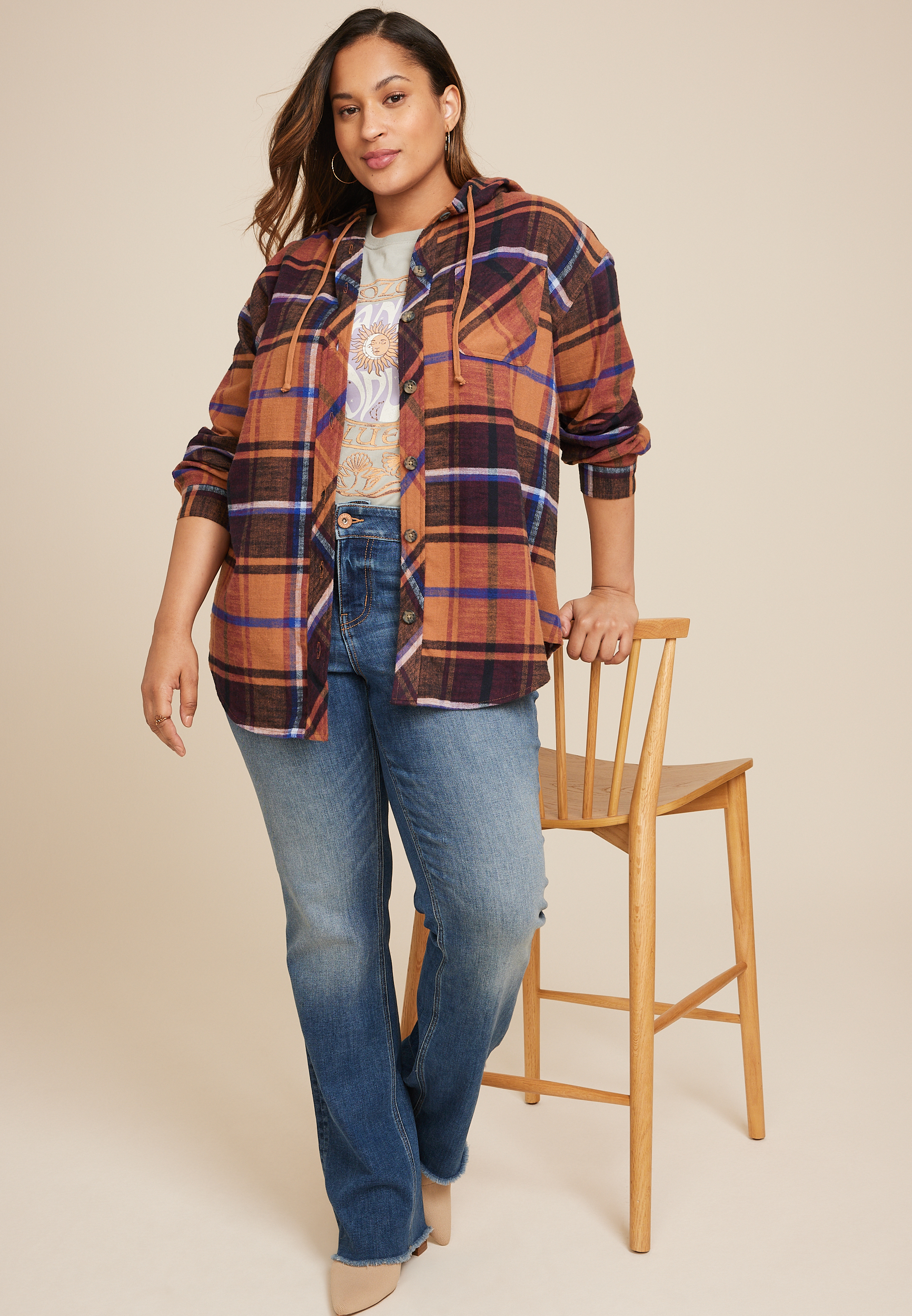 Plus Size Cabin Plaid Boyfriend Hooded Button Down Shirt, C7305, large