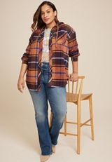 Plus Size Cabin Plaid Boyfriend Hooded Button Down Shirt, C7305, small