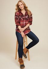 Cabin Plaid Half Zip Long Sleeve Oversized Top, BROWN RUBY COMBO, small