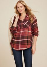 Cabin Plaid Half Zip Long Sleeve Oversized Top, BROWN RUBY COMBO, small