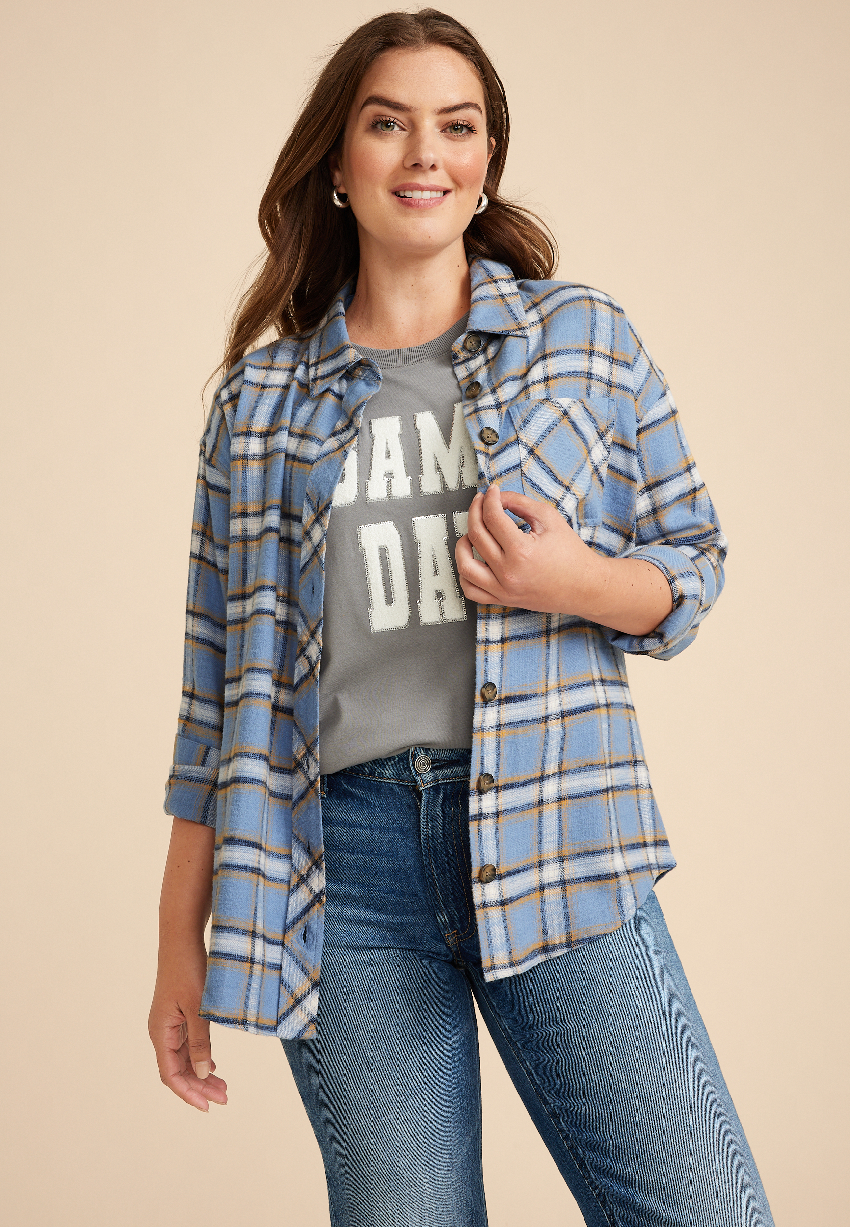 Plaid Game Day Graphic Back Oversized Button Down Shirt