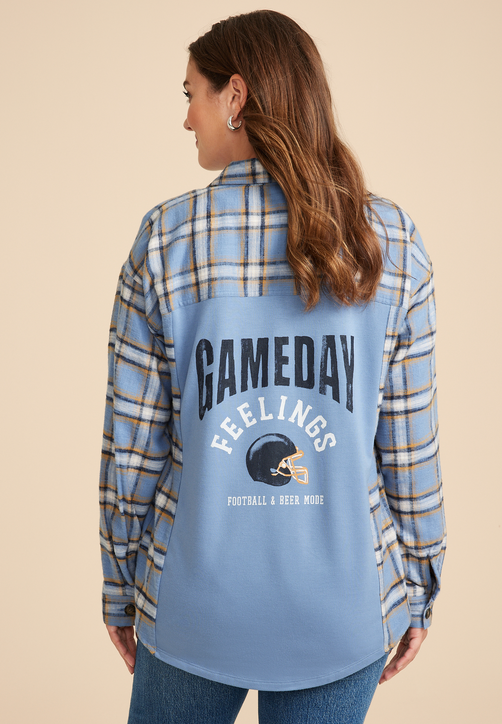 Plaid Game Day Graphic Back Oversized Button Down Shirt