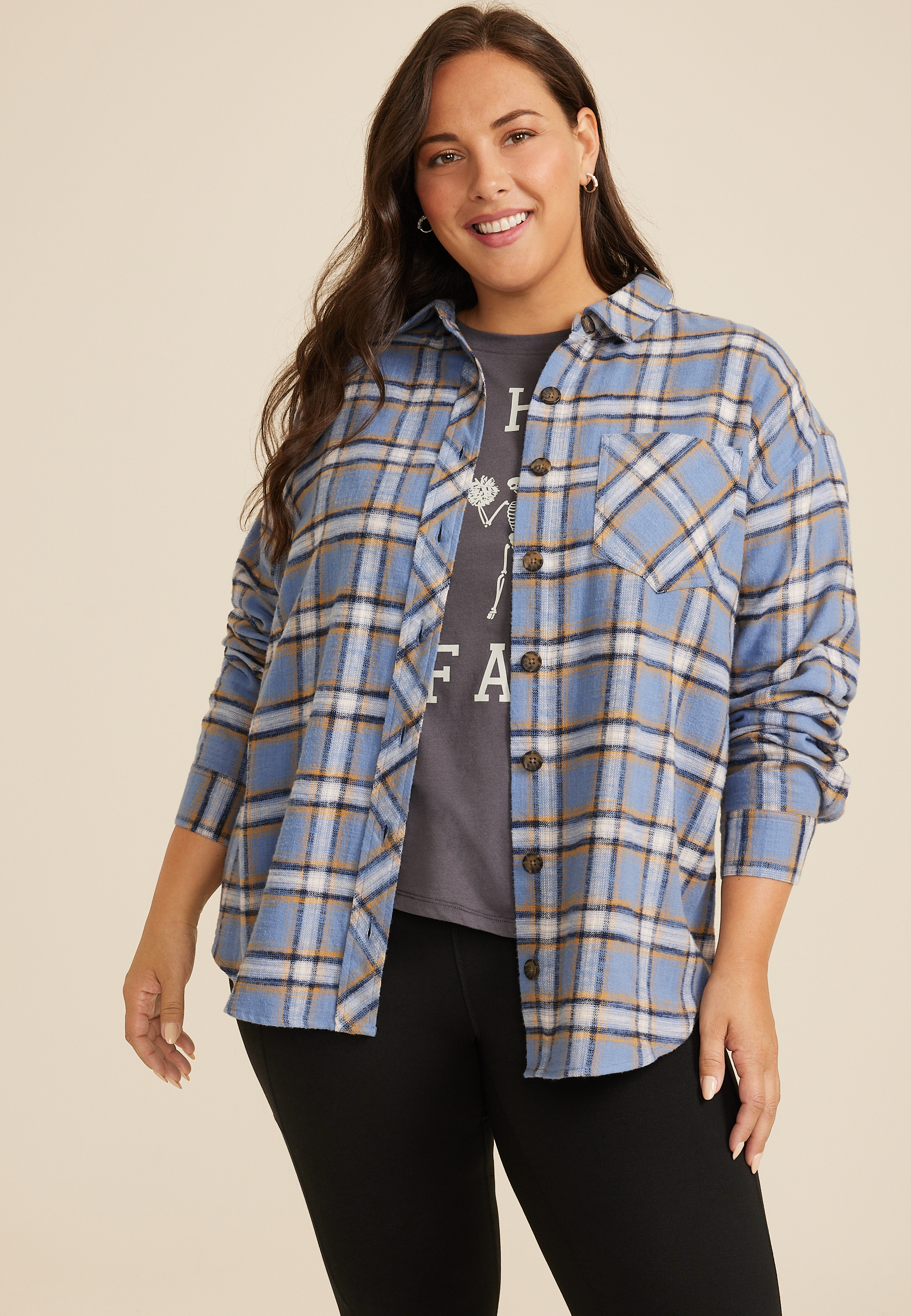 Plus Plaid Game Day Graphic Back Oversized Button Down Shirt