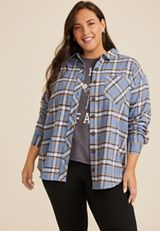 Plus Size Plaid Game Day Graphic Back Oversized Button Down Shirt, C9725, small