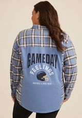 Plus Size Plaid Game Day Graphic Back Oversized Button Down Shirt, C9725, small