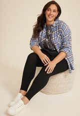 Plus Size Plaid Game Day Graphic Back Oversized Button Down Shirt, C9725, small
