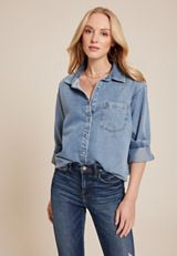 Denim Medium Wash Button Up Shirt, C3321, small