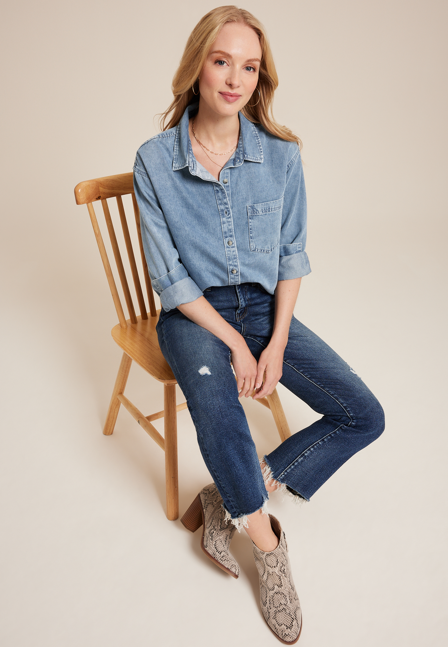 Denim Medium Wash Button Up Shirt, C3321, large