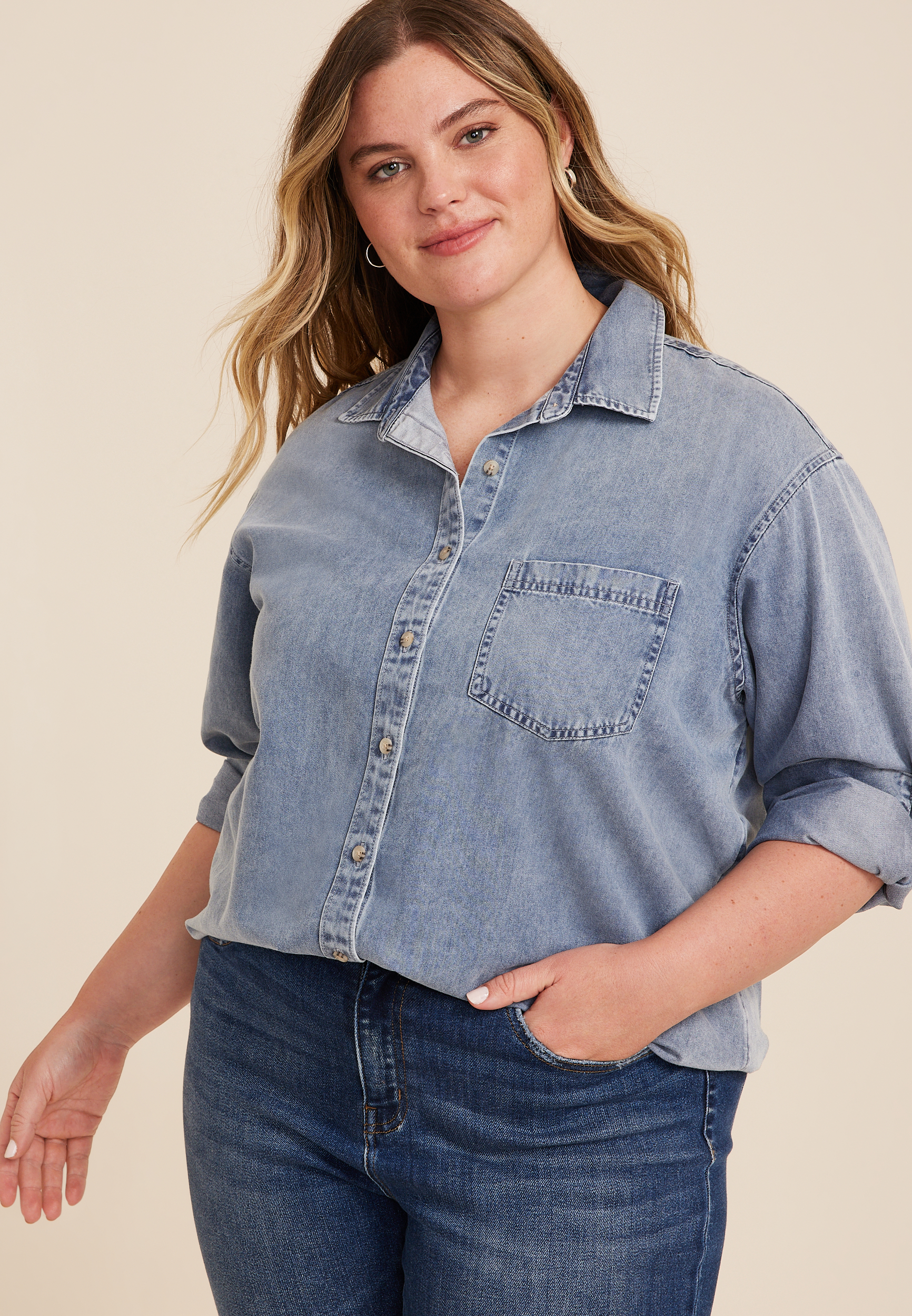 Maurices Plus Size Women's Blue Denim Medium Wash Button Up Shirt Size 4X