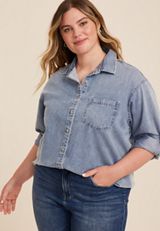 Plus Size Denim Medium Wash Button Up Shirt, C3321, small