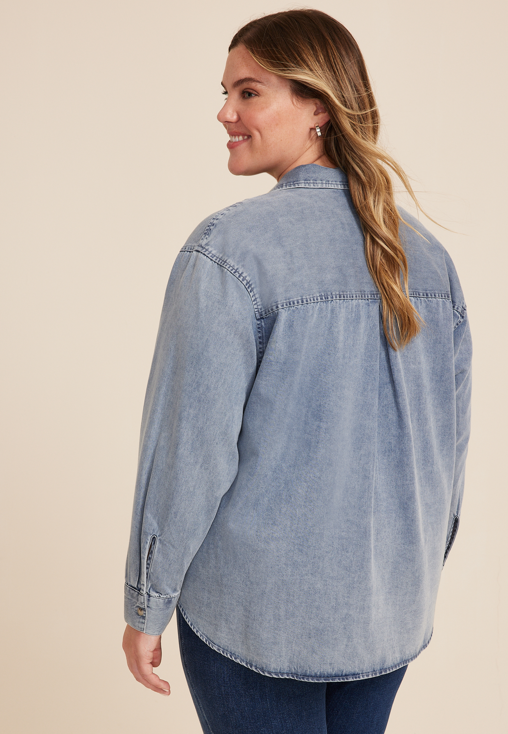 Plus Size Denim Medium Wash Button Up Shirt, C3321, large