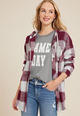 Cabin Plaid Boyfriend Hooded Button Down Shirt, BURGUNDY COMBO, small
