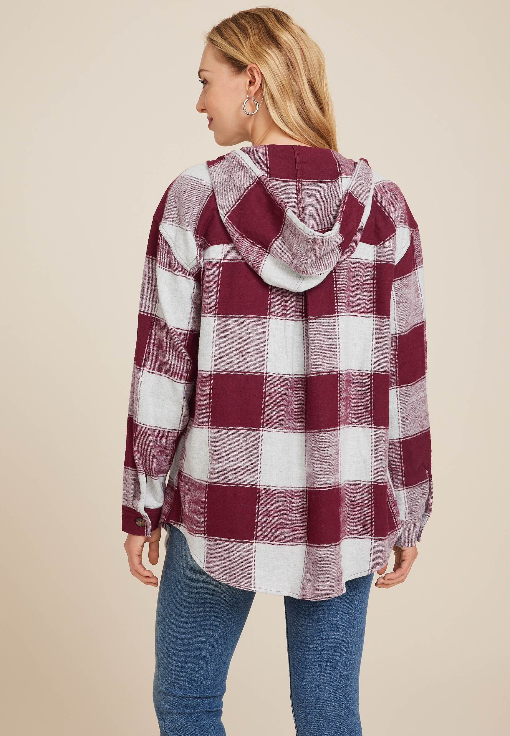 Cabin Plaid Boyfriend Hooded Button Down Shirt, BURGUNDY COMBO, large
