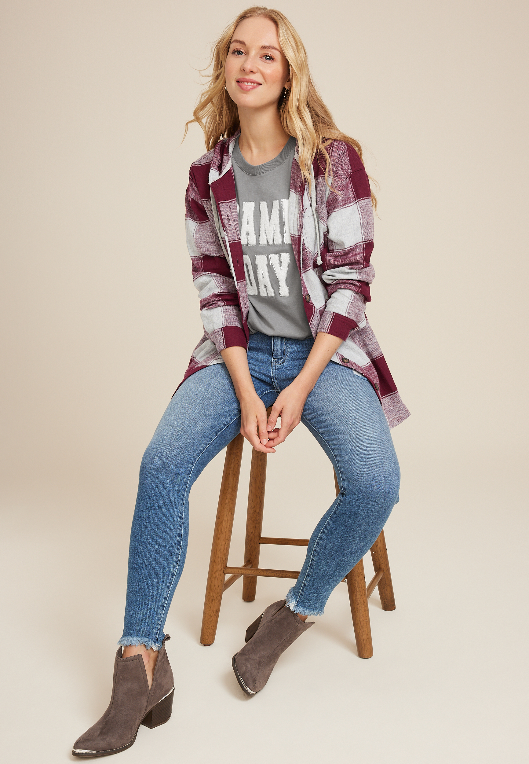 Cabin Plaid Boyfriend Hooded Button Down Shirt, BURGUNDY COMBO, large