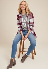 Cabin Plaid Boyfriend Hooded Button Down Shirt, BURGUNDY COMBO, small