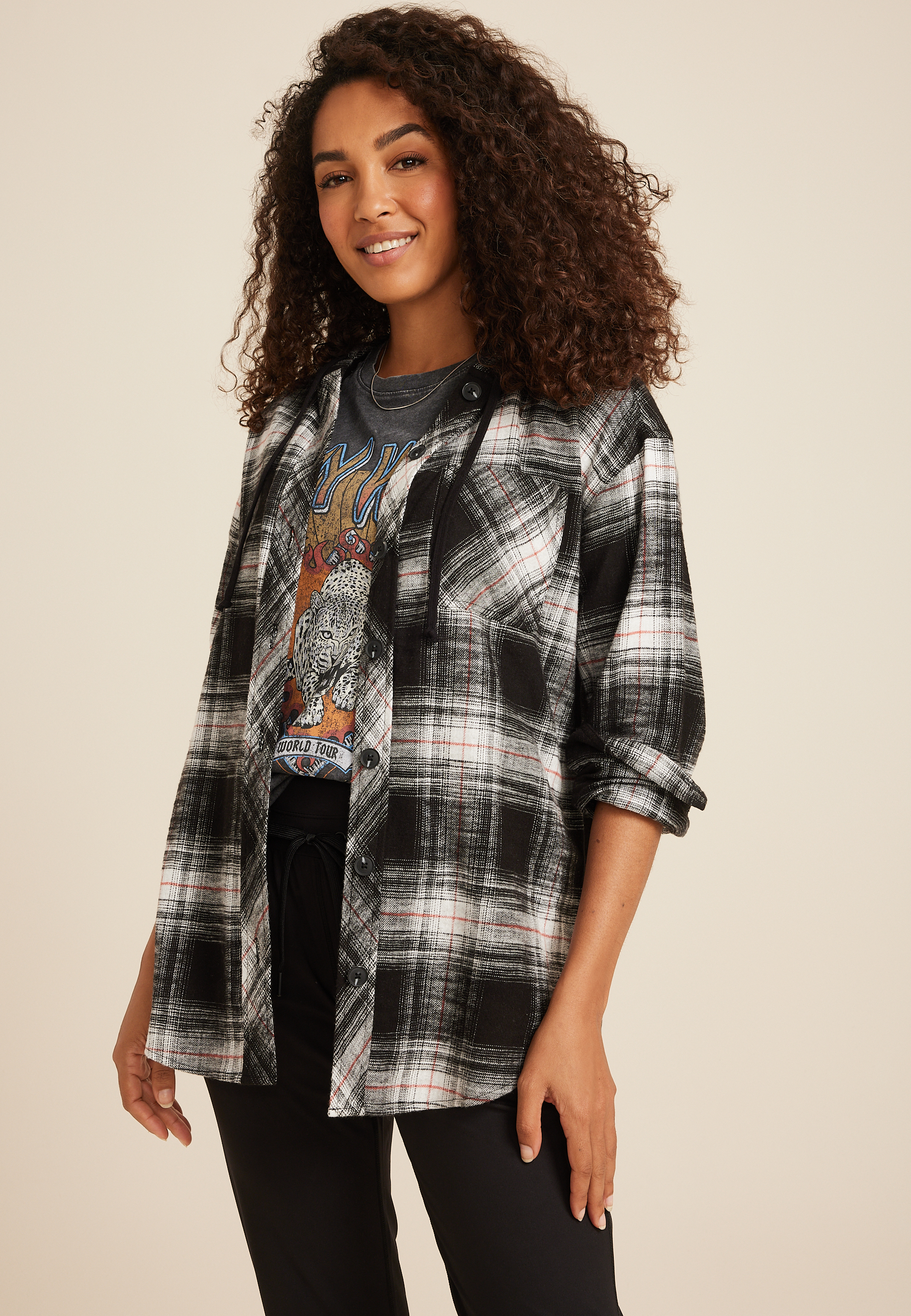 Cabin Plaid Boyfriend Hooded Button Down Shirt