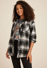 Cabin Plaid Boyfriend Hooded Button Down Shirt, BLACK COMBO, small