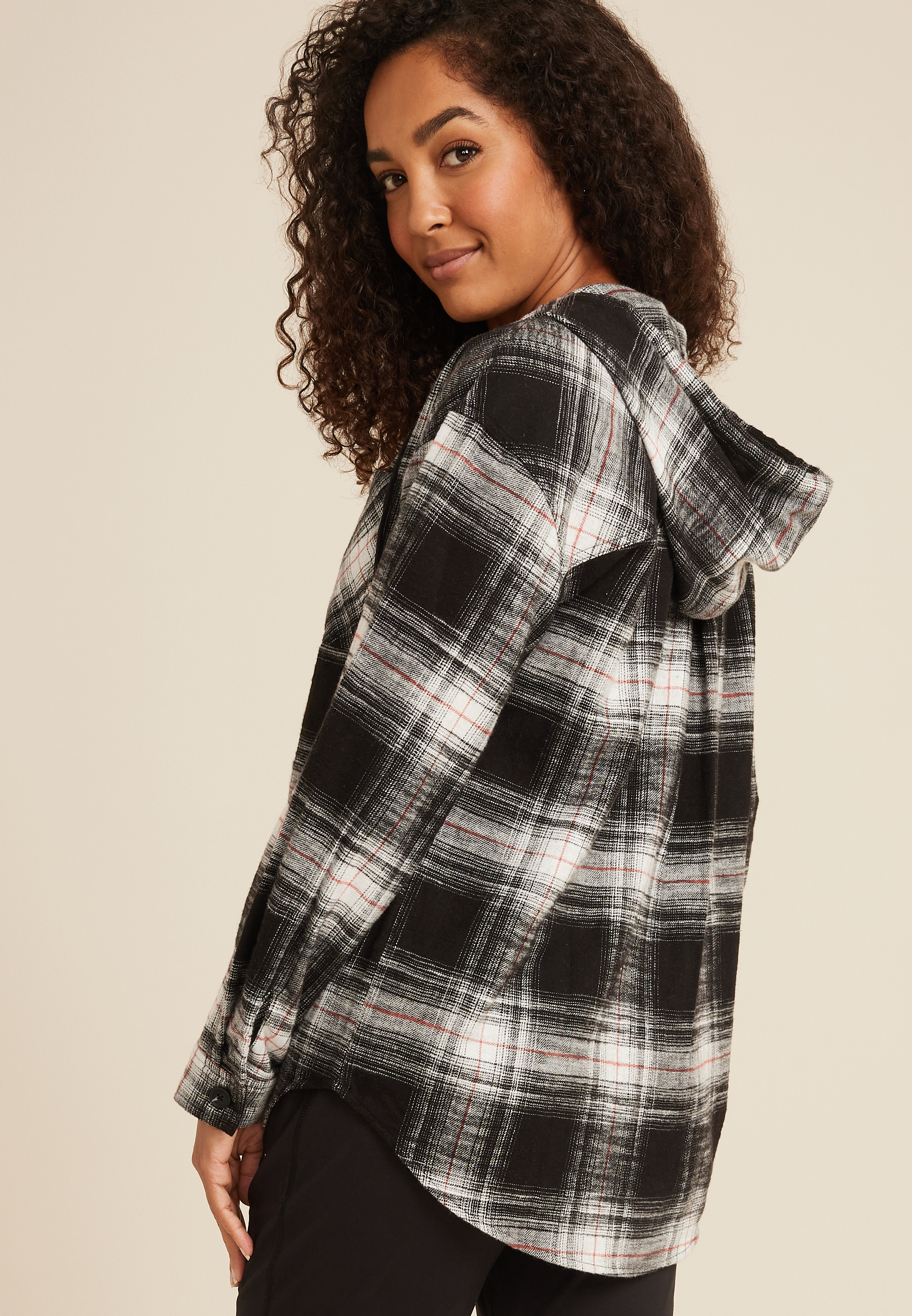 Cabin Plaid Boyfriend Hooded Button Down Shirt, BLACK COMBO, large