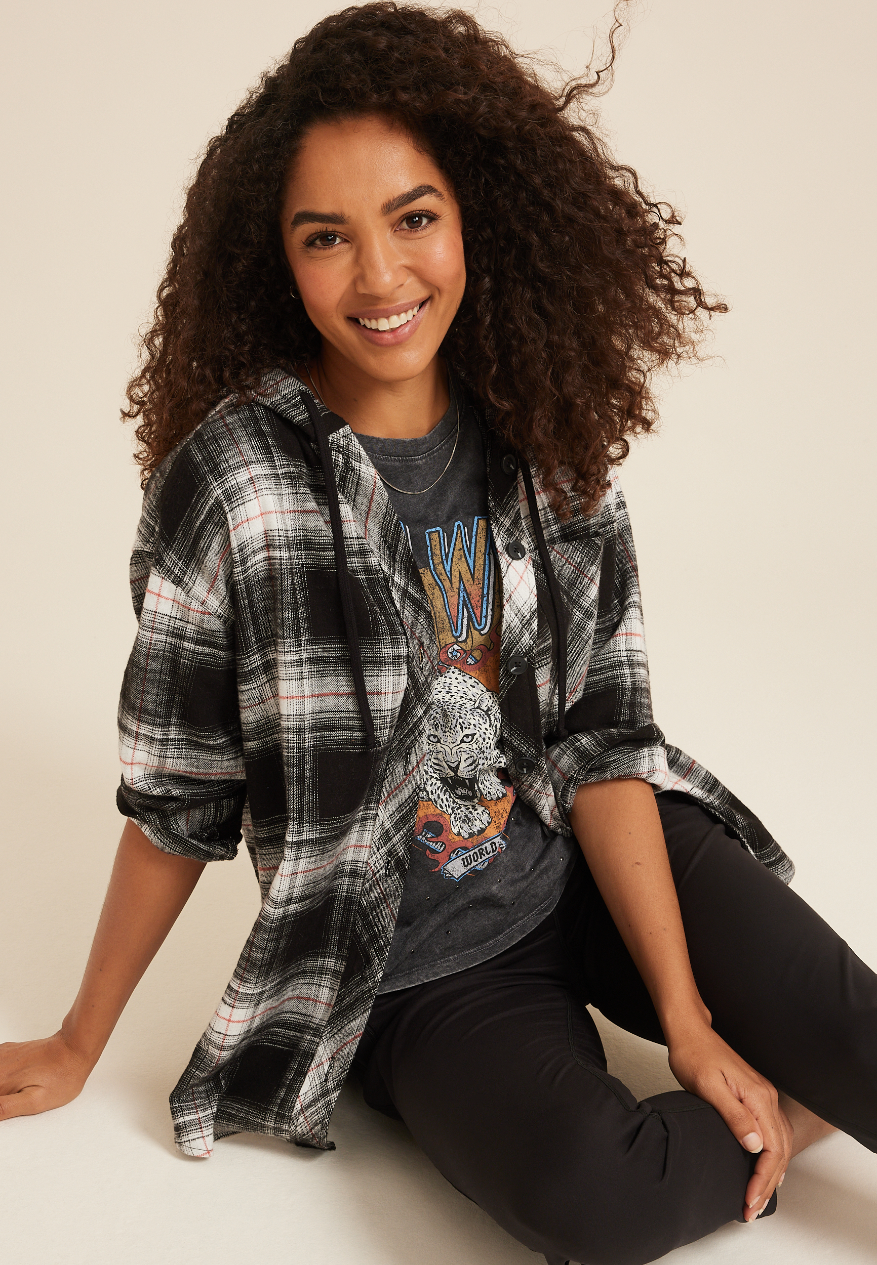 Cabin Plaid Boyfriend Hooded Button Down Shirt, BLACK COMBO, large