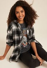 Cabin Plaid Boyfriend Hooded Button Down Shirt, BLACK COMBO, small