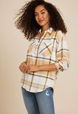 Cabin Plaid Half Zip Long Sleeve Oversized Top, C2380, small