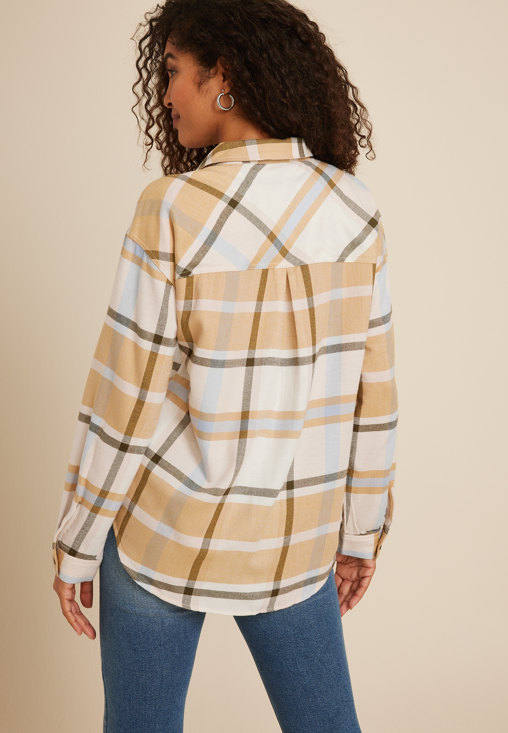 Cabin Plaid Half Zip Long Sleeve Oversized Top, C2380, large