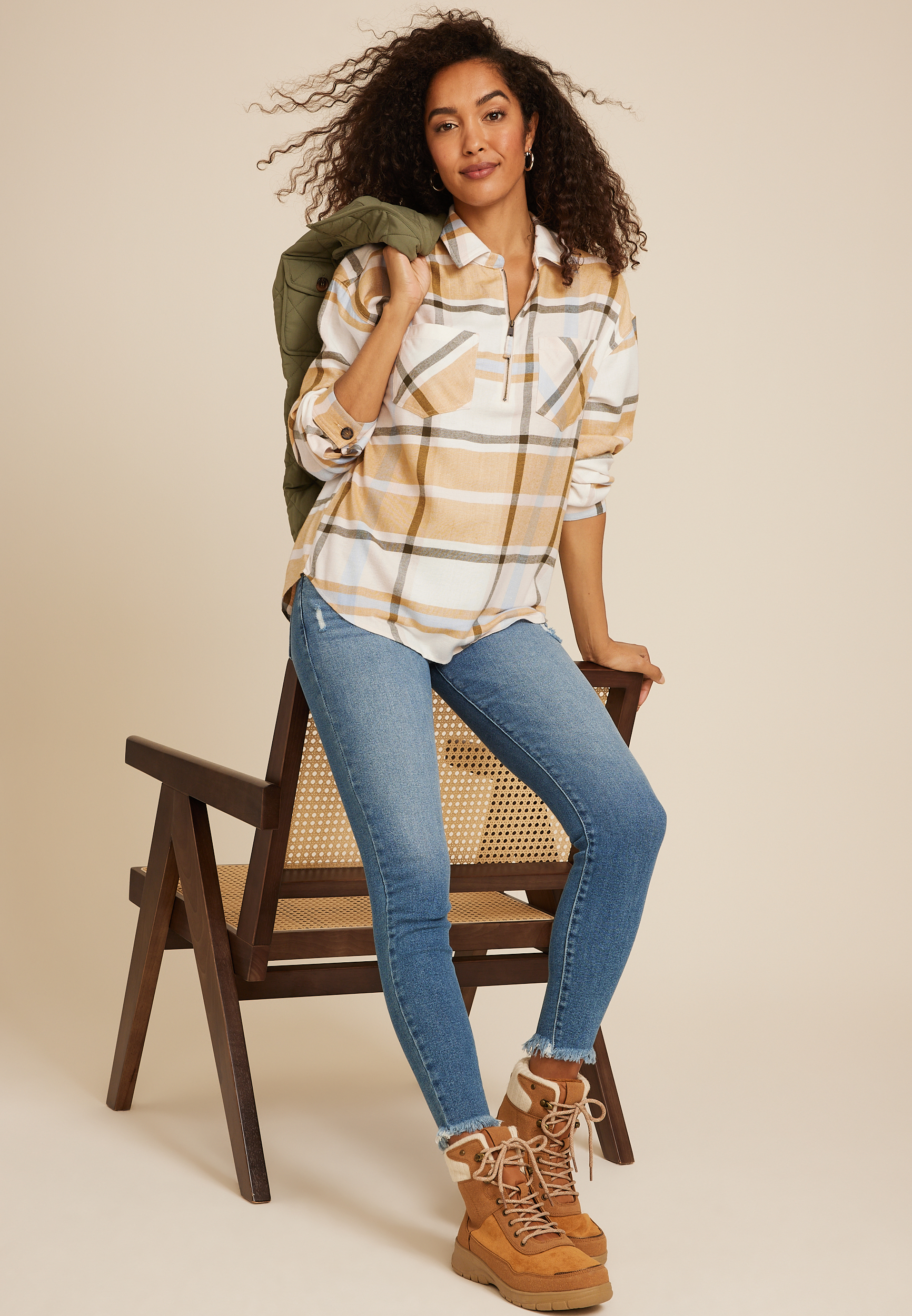 Cabin Plaid Half Zip Long Sleeve Oversized Top, C2380, large