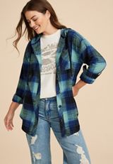 Cabin Plaid Boyfriend Hooded Button Down Shirt, C9742, small