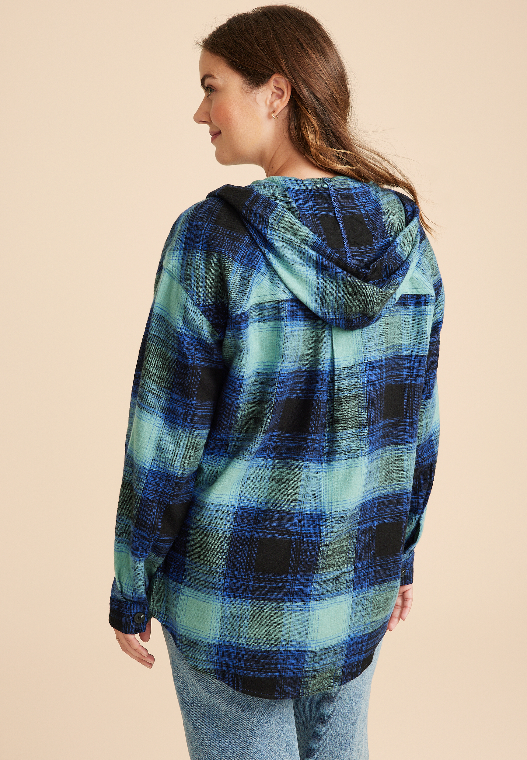 Cabin Plaid Boyfriend Hooded Button Down Shirt, C9742, large