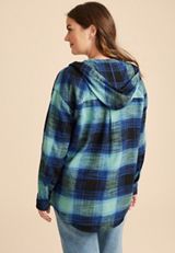 Cabin Plaid Boyfriend Hooded Button Down Shirt, C9742, small