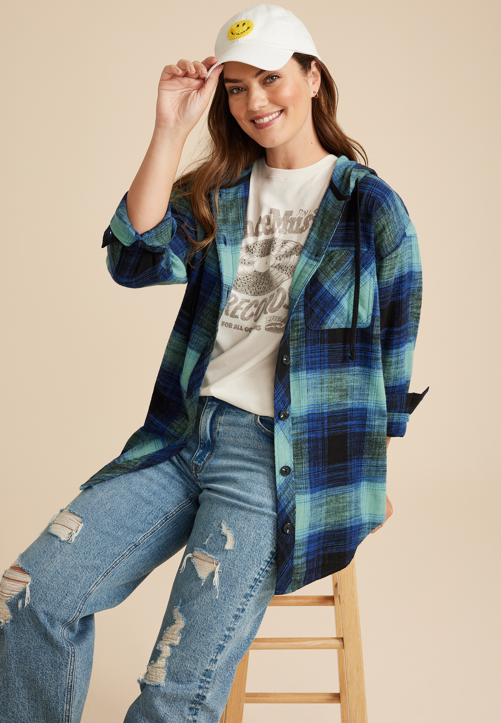 Cabin Plaid Boyfriend Hooded Button Down Shirt, C9742, large