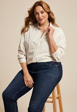 Plus Size Corduroy Button Down Boyfriend Shirt, ECRU, small