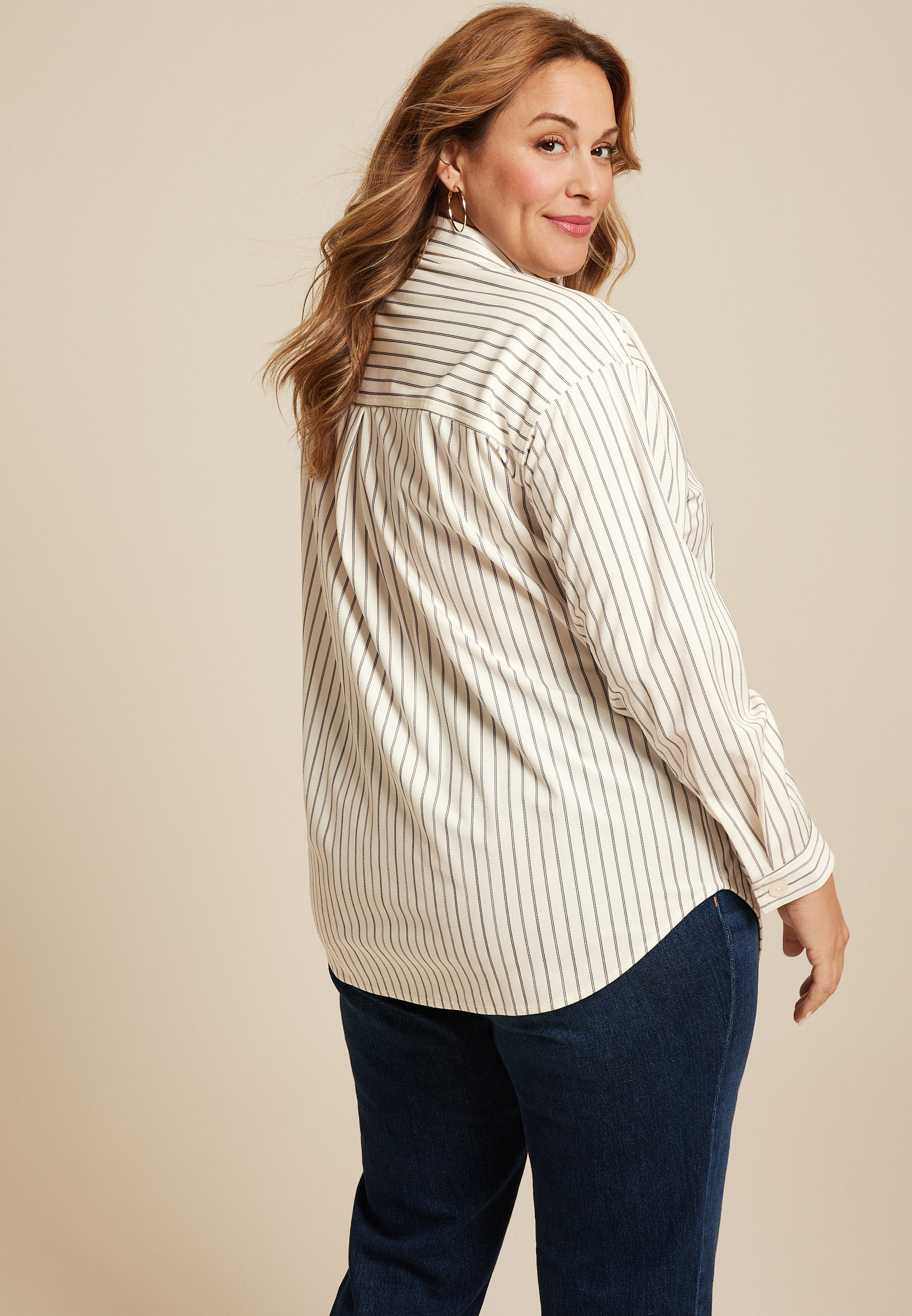 Plus Size Corduroy Button Down Boyfriend Shirt, ECRU, large