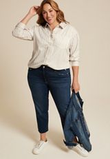 Plus Size Corduroy Button Down Boyfriend Shirt, ECRU, small