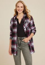 Cabin Plaid Boyfriend Hooded Button Down Shirt, C1756, small