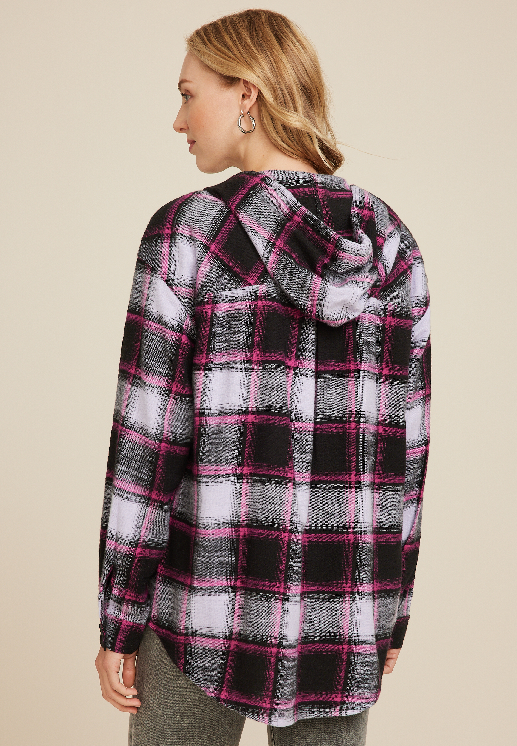 Cabin Plaid Boyfriend Hooded Button Down Shirt, C1756, large