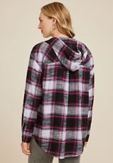 Cabin Plaid Boyfriend Hooded Button Down Shirt, C1756, small