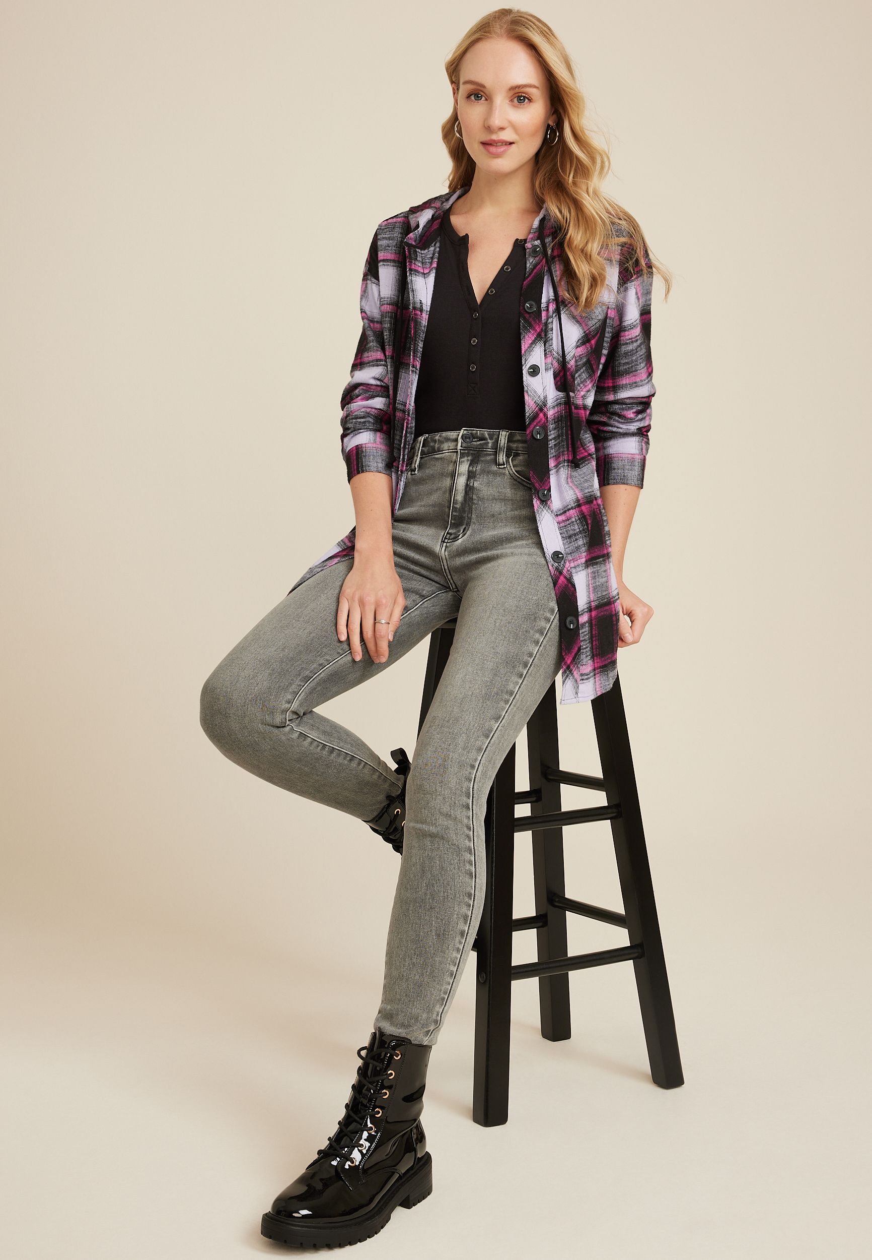 Cabin Plaid Boyfriend Hooded Button Down Shirt, C1756, large