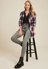 Cabin Plaid Boyfriend Hooded Button Down Shirt, C1756, small