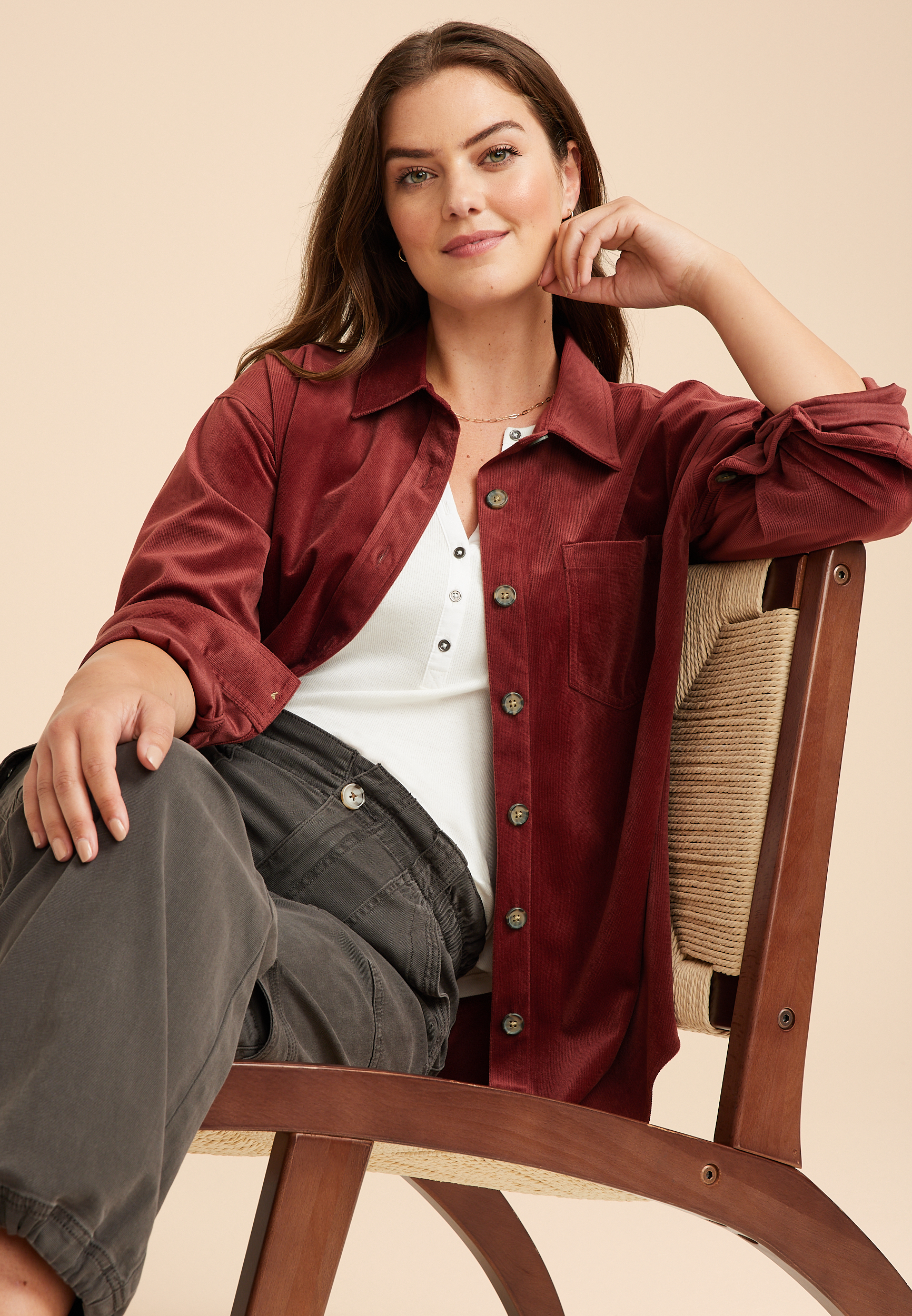 Corduroy Button Down Boyfriend Shirt, C5325, large