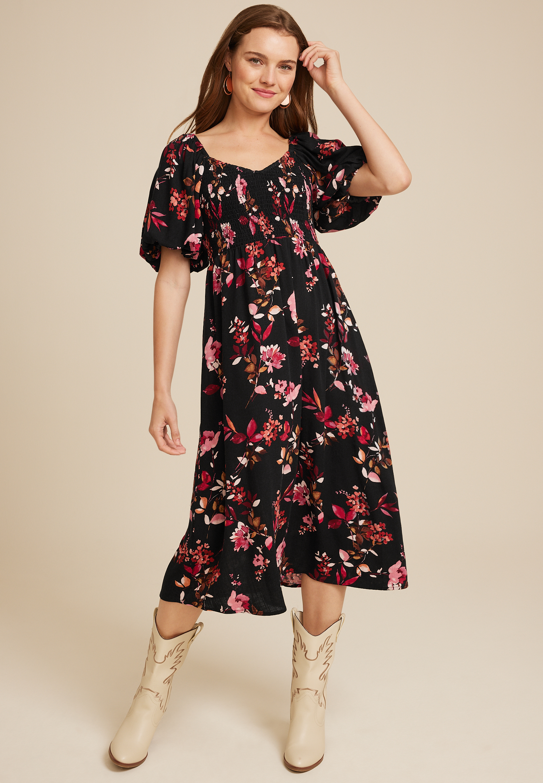 Floral Sweetheart Neck Bubble Short Sleeve Midi Dress