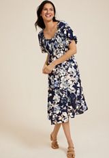 Floral Sweetheart Neck Bubble Short Sleeve Midi Dress, C1943, small