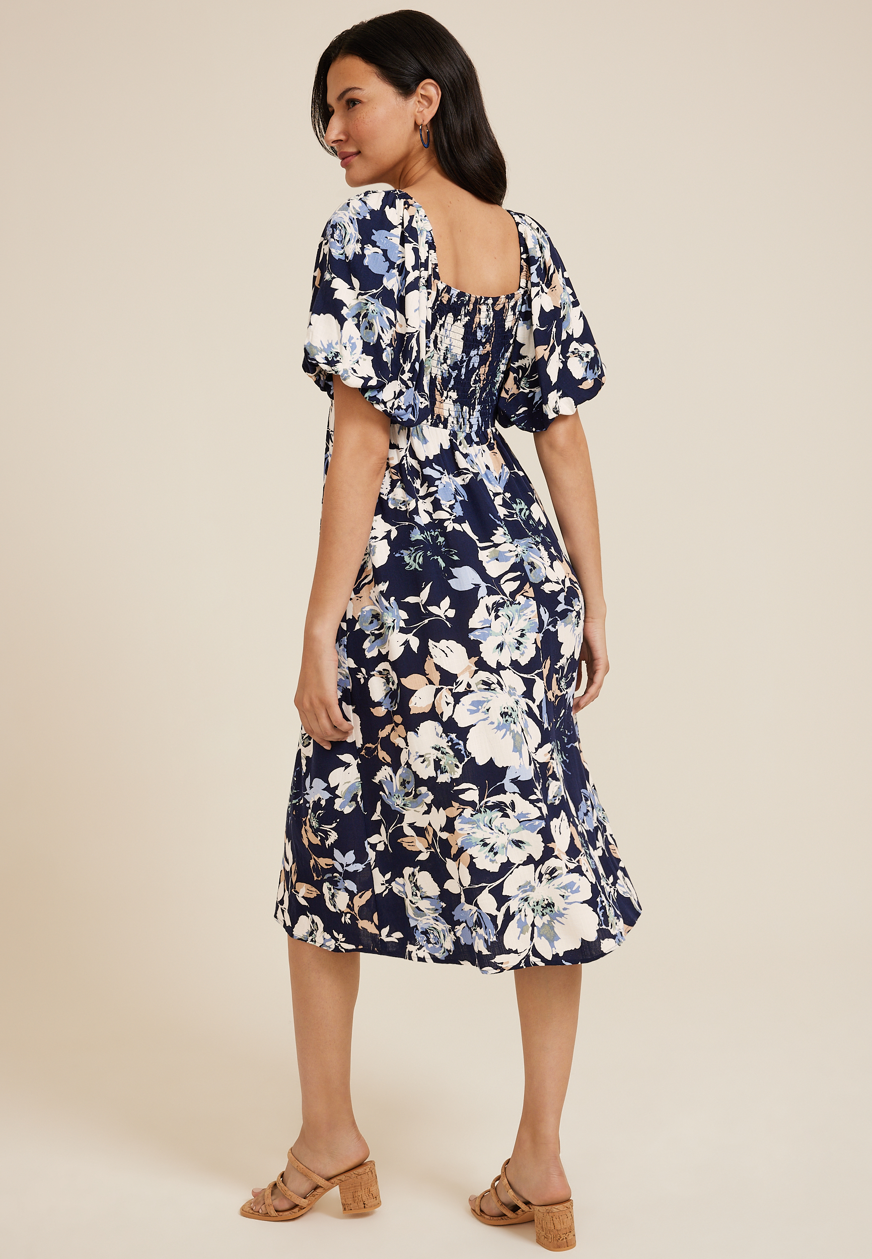 Floral Sweetheart Neck Bubble Short Sleeve Midi Dress, C1943, large