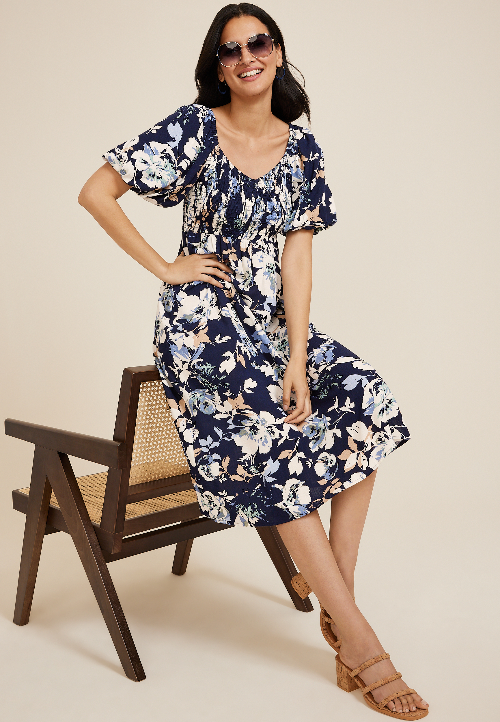 Floral Sweetheart Neck Bubble Short Sleeve Midi Dress, C1943, large