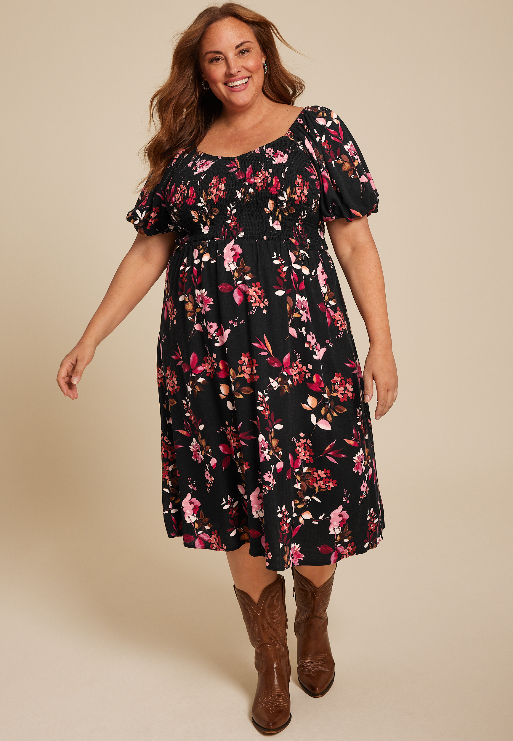 Plus Size Floral Sweetheart Neck Bubble Short Sleeve Midi Dress