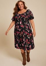 Plus Size Floral Sweetheart Neck Bubble Short Sleeve Midi Dress, BLACK COMBO, small