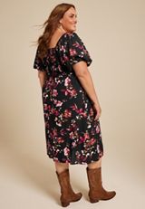 Plus Size Floral Sweetheart Neck Bubble Short Sleeve Midi Dress, BLACK COMBO, small