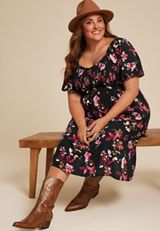 Plus Size Floral Sweetheart Neck Bubble Short Sleeve Midi Dress, BLACK COMBO, small