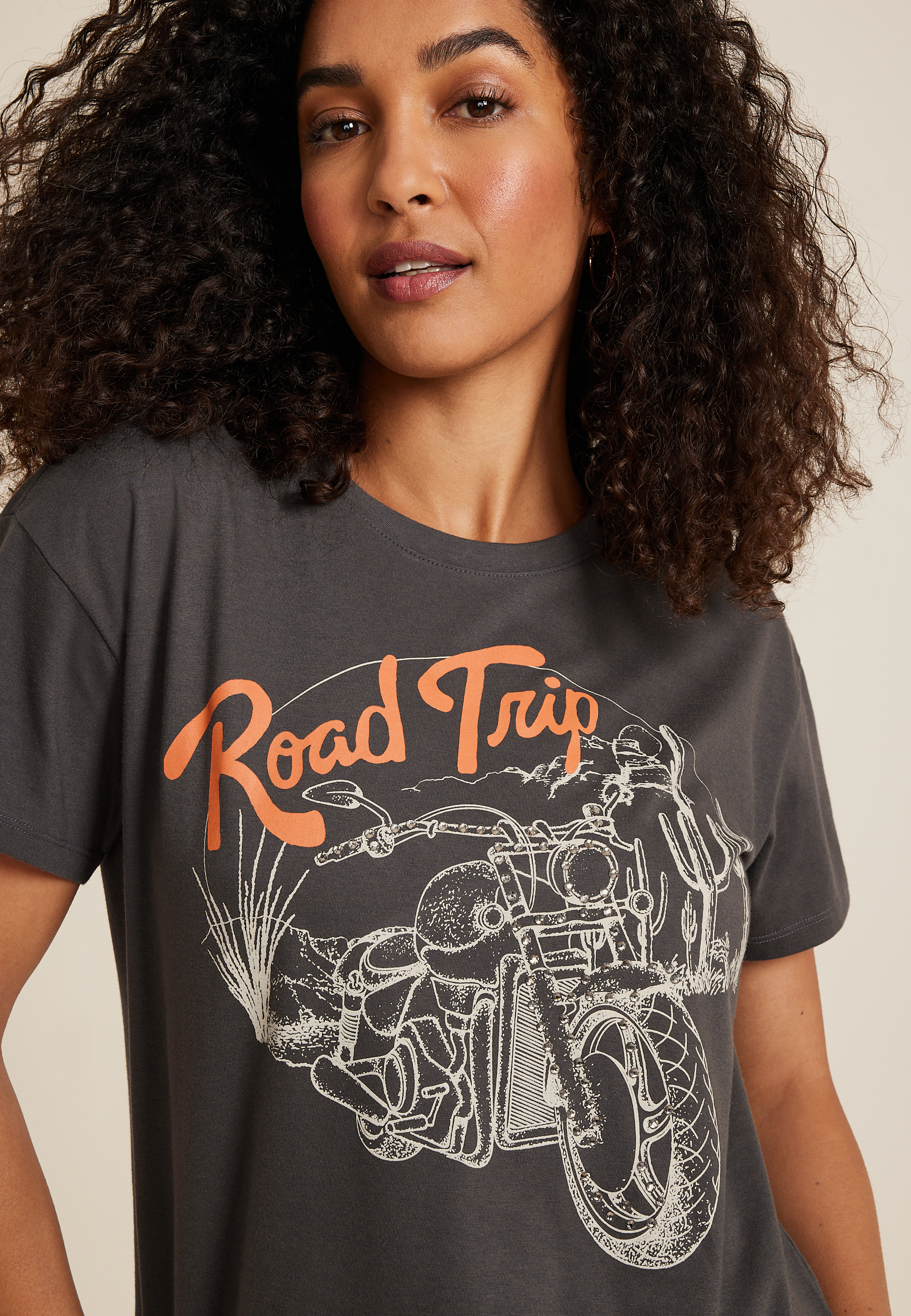 Road Trip Rhinestone Motorcycle Relaxed Fit Graphic Tee, CHARCOAL, large