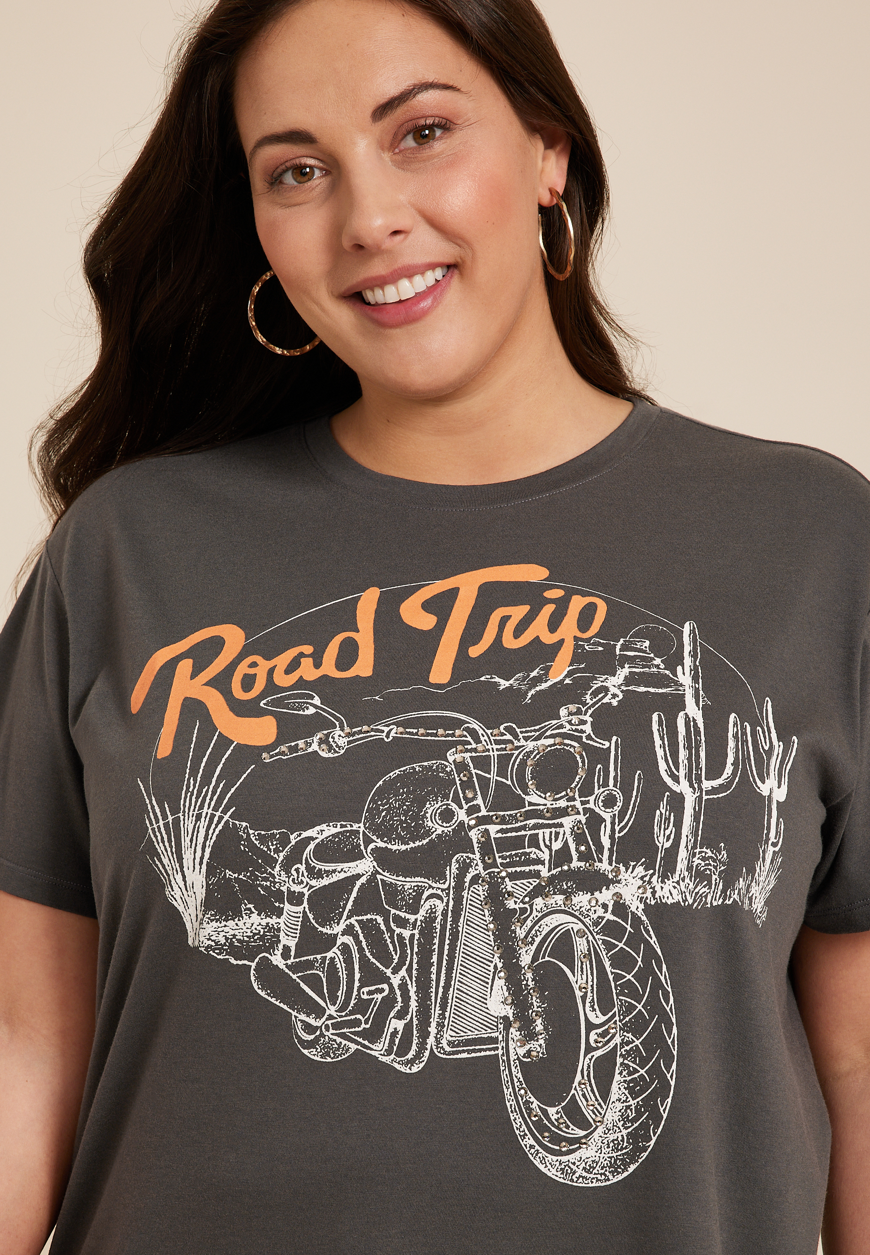 Plus Size Road Trip Rhinestone Motorcycle Relaxed Fit Graphic Tee, CHARCOAL, large